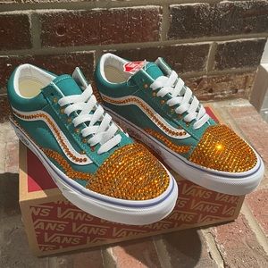 Custom Old Skool Aqua Vans with Orange Rhinestones. Womens  5.5 - mens 4